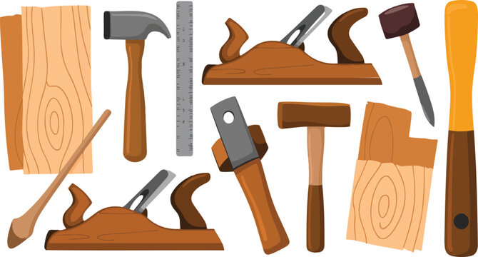 *Woodworking Tools Icon Set &ndash; Planes, Chisels, Mallets, and Wood Pieces