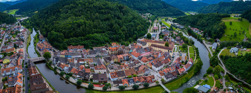 Aerial panoramic view of the city Wolfach in Germany on a sunny spring day