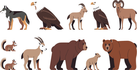 Fototapeta premium Wild Animal Characters Vector Set – Wolves, Eagles, Chamois, Marmots, and Bears