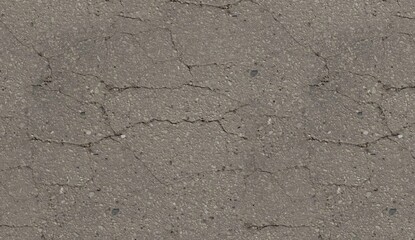 Obraz premium top-down view of a textured, dark gray asphalt surface with an intricate network of fine, branching cracks, small pebbles, and visible aggregate, showing significant wear
