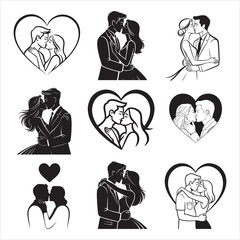 Elegant love kiss couple heart silhouette