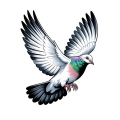 Obraz premium White Racing Pigeon with Iridescent Neck Feathers Flying, Isolated on Transparent Background