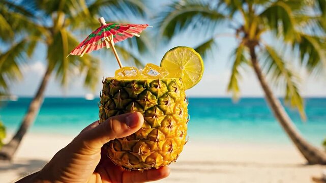 A hand holds a pineapple filled with a drink, lemon slice, umbrella, beach backdrop