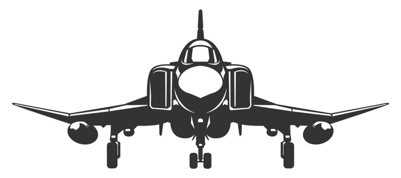 Silhouette F-4 phantom military aircraft design from front view. Vector illustrations f4 fighter jet in black and white color from ahead. Monochrome drawing united states vintage combat airplane.