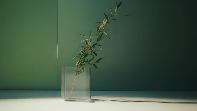 Fresh green plant stem in a clear rectangular vase casting a long shadow on a muted two tone background, evoking minimalist natural simplicity, calm growth, purity and modern indoor decor