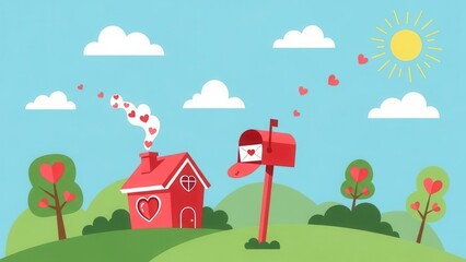 Cute cartoon landscape with red house and mailbox for valentines day celebration
