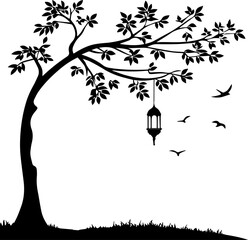 Tree with Hanging Lantern and Birds Silhouette Vector Illustration
