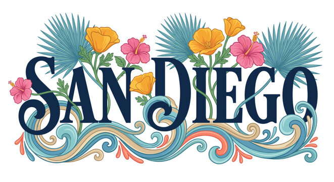 San Diego typography with tropical flowers and waves vector illustration