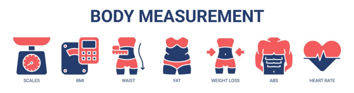 Body Measurement web banner icon vector illustration concept with icon of scales, bmi, waist, fat, weight loss, abs, and heart rate.