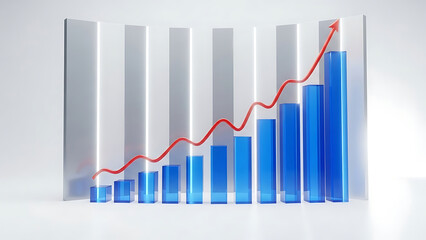 Blue bar graph with red upward trend line chart