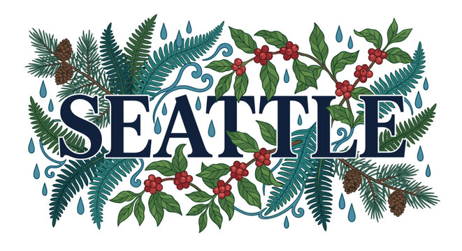 Seattle typography with Pacific Northwest botanical elements vector illustration