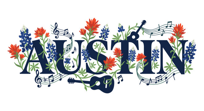 Austin Texas typography with wildflowers and music vector illustration