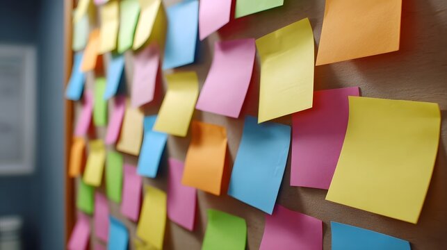 A dense wall densely covered with colorful sticky notes symbolizing ideas planning and organization