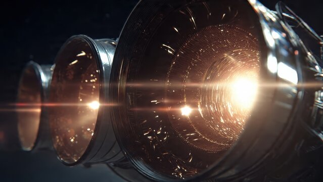 A close-up view of futuristic rocket engine components emitting bright light, showcasing intricate designs and advanced technology.