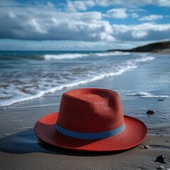 Red wicker hat on the beach
