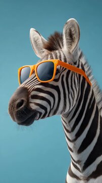 Funny and stylish zebra wearing bright orange sunglasses against a solid blue background. Humorous animal portrait concept for summer vacation, fashion, safari, and fun vibrant themes