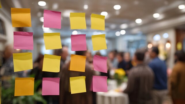 Colorful sticky notes are arranged on a glass surface in a blurred background of a business meeting