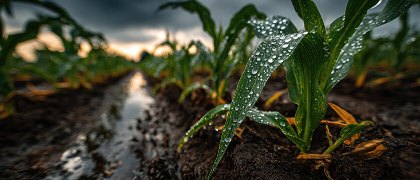 RainKissed Cornfield A Symphony of Water Droplets and Verdant Growth.