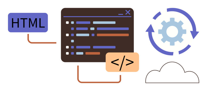 Web development, software design, cloud computing, coding, automation, technology. A code editor interface, HTML tags cloud icon and gear arrows. Web development and software design concept