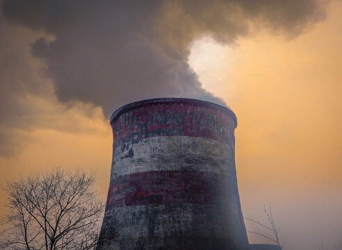Cooling towers at Artyom power station in Russia Primorye, silhouetted by leafless trees and industrial haze.
