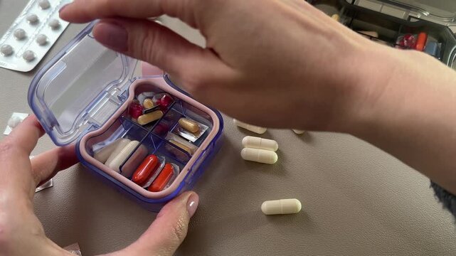 Woman puts capsule into pill organizer and closes it with assorted tablets on table