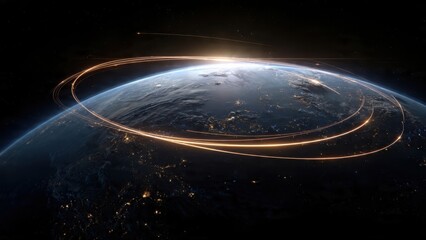 Fototapeta premium A stunning view of Earth from space, showcasing illuminated continents and dynamic orbital paths, highlighting the beauty of our planet and the vastness of the universe.