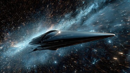 Obraz premium A sleek, futuristic spaceship travels through a vibrant cosmic backdrop, illustrating the beauty and mystery of outer space.