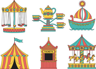 Fototapeta premium Colorful amusement park carnival rides and circus attractions collection playful vector illustration set