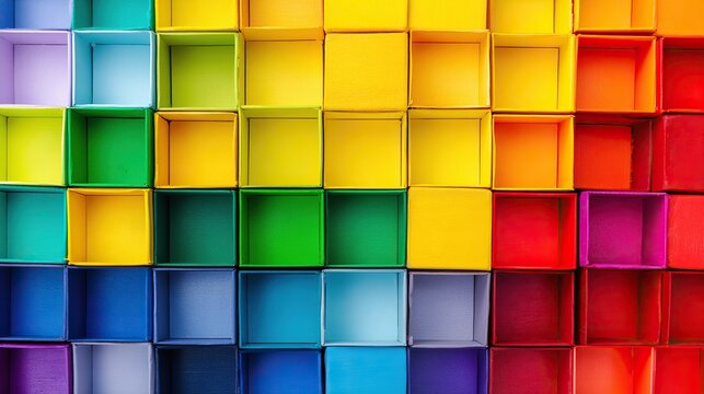 Colorful cube background with vibrant rainbow-colored block wall, featuring bright multicolored cubes arranged in a playful pattern for creative design and decorative use