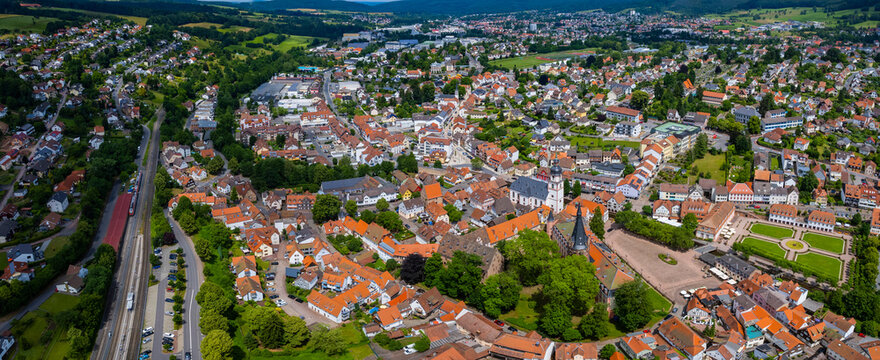 A panoramic aerial view from the old town iof the city in  Erbach im Odenwald in Germany. On a sunny day in spring.