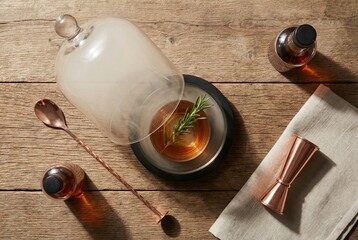 Artisanal cocktail presentation featuring rosemary infusion under glass cloche accentuated by copper bar tools and textured fabric creating an elegant atmosphere
