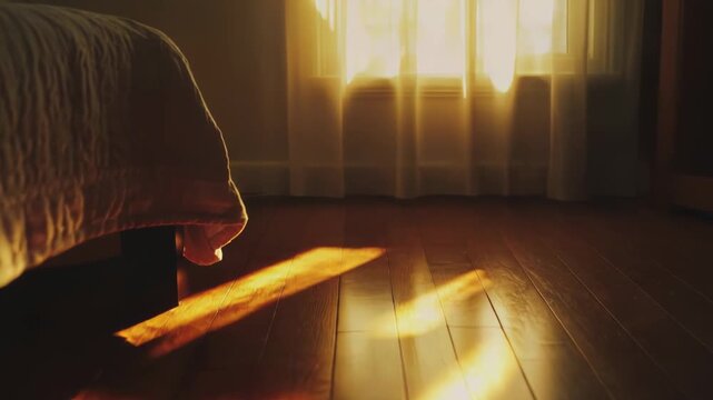 Warm sunlight streaming through a windowpane, creating beautiful parallel shadows and reflections on the polished wooden floor in a cozy bedroom during morning or evening hours