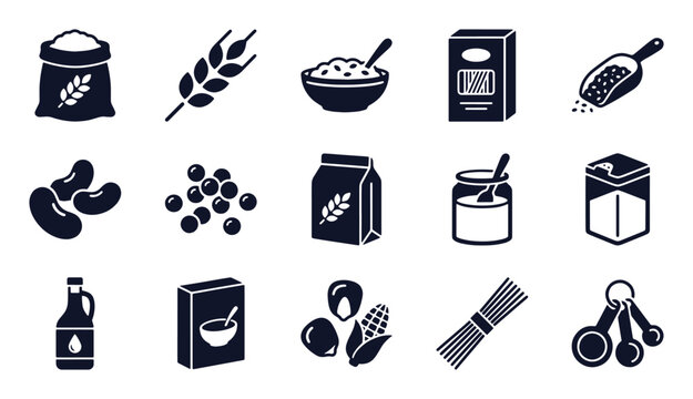 Grains and pantry staples icon set. Glyph black silhouettes - flour bag, wheat ear, cereal bowl, pasta box, beans, corn, oil bottle, sugar jar, measuring spoons. Flat vector pictograms
