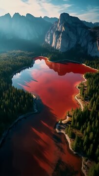 Aerial View of Mountain Lake with Forest and Cliffs
