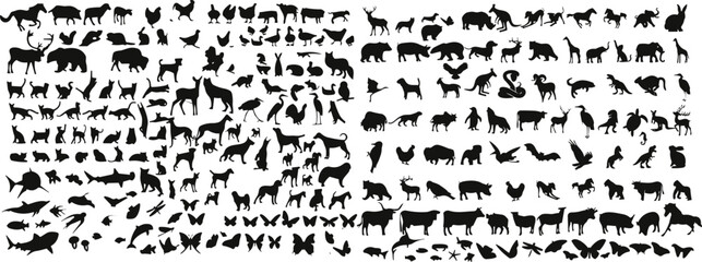 animals silhouette set. Big mammals collection. Livestock and poultry icons. Rural landscape. Group of animal of forest or wild. Sea animal and birds