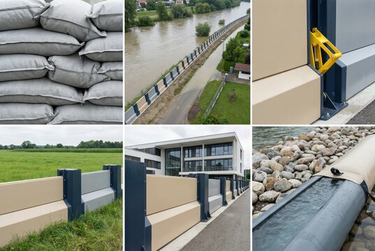 Innovative flood protection barriers composed of sandbags, modular flood walls, and advanced drainage systems enhancing urban resilience against climate change