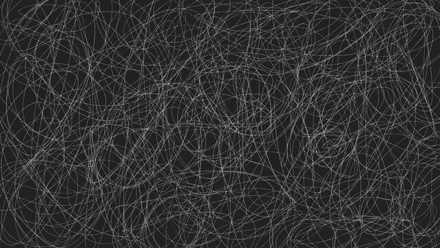 Abstract tangled white lines on black background. Chaotic and intricate hand drawn texture of thin lines. Neural networks, psychological confusion. For graphic designs, cinematic overlays, psychologic