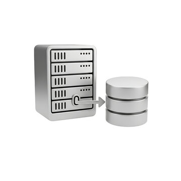 A secure server with a padlock transferring data to a database on transparent background