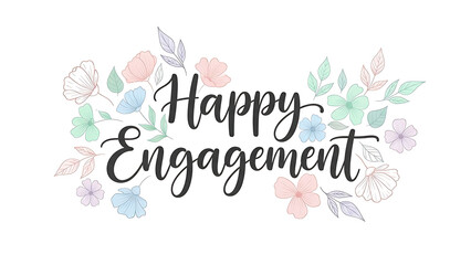 Obraz premium Celebrating Happy Engagement with Floral Decorations and Leaves in a Whimsical Illustration