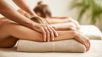 Obraz premium Young woman lying on a massage chair during relaxing wellness massage, calm spa atmosphere, body care and stress relief concept, professional massage therapy and healthy lifestyle background