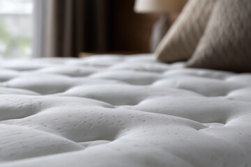 Obraz premium Close-up of a plush white mattress surface with tufted details and soft lighting