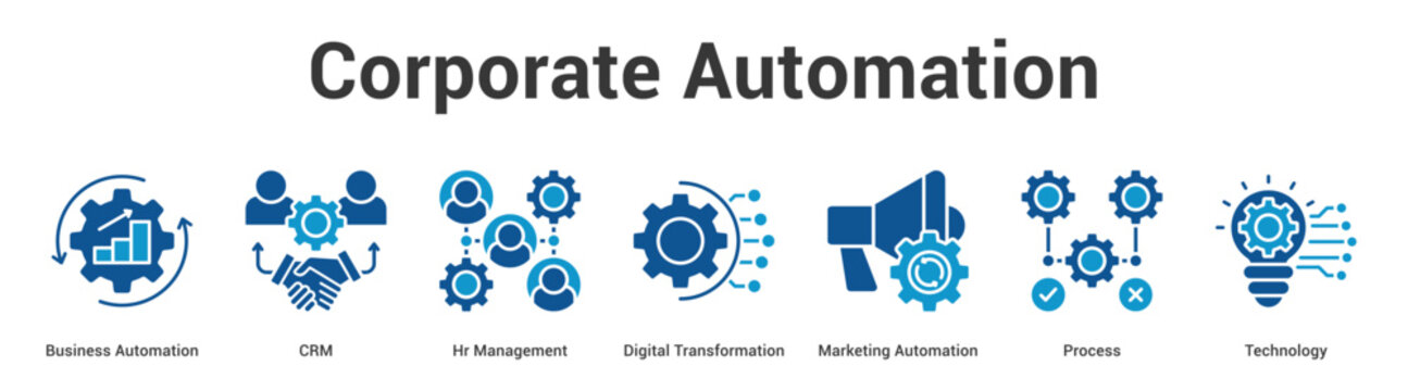 Corporate Automation web banner icon set vector illustration concept for business with icon of Business Automation, CRM, Hr Management, Digital Transformation, Marketing Automati.