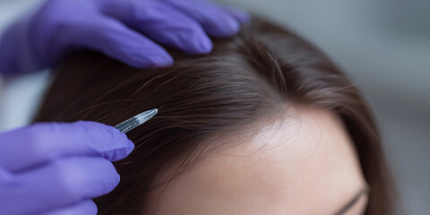 Fototapeta premium Close-up of a medical professional performing a hair transplant procedure on a patient's scalp