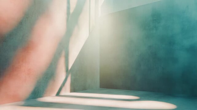 Abstract concrete indoor room creating a minimalist composition with sharp light and contrasting warm and cool gradient colors on textured walls and floor, emphasizing geometric forms