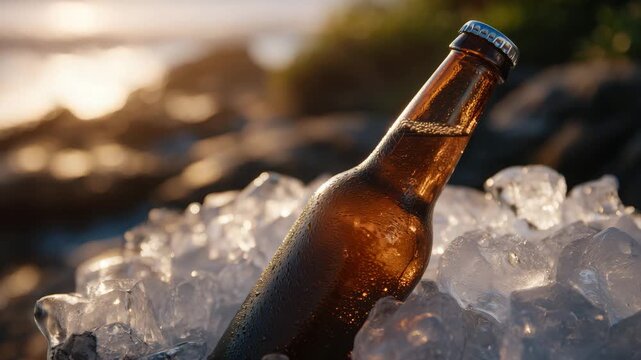 282Brown beer bottle resting diagonally on ice, light glinting off edges of ice cubes, soft warm backlighting, condensation emphasizing chill, festive and relaxed summertime party aes