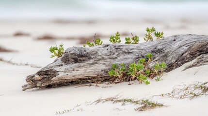 Weathered driftwood log with green plants growing on sandy beach, evoking coastal nature's resilience and serene beauty.