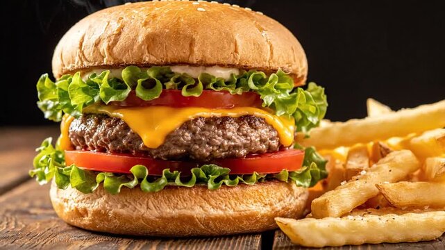 A juicy cheeseburger icon with lettuce, tomato, and cheese, served with crispy fries on a wooden table viewed from the side.