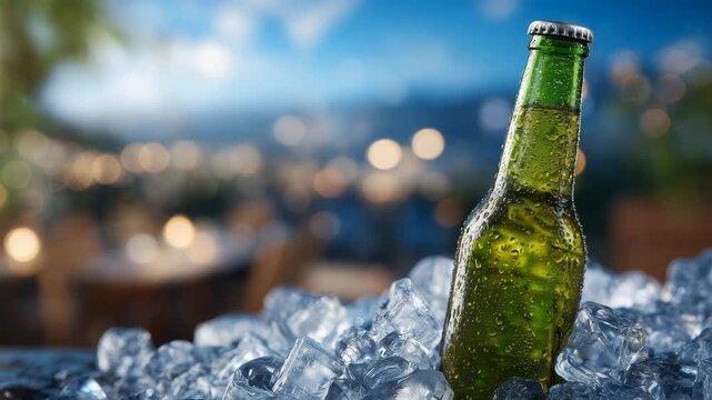 295Close-up of chilled green beer bottle on melting ice cubes, condensation and sparkling reflections, blurred background suggests a warm outdoor party, refreshing beverage concept