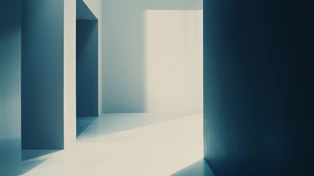 Modern architectural space presenting clean lines and deep shadows, with a bright diagonal light beam illuminating the polished floor, creating a sense of direction and future
