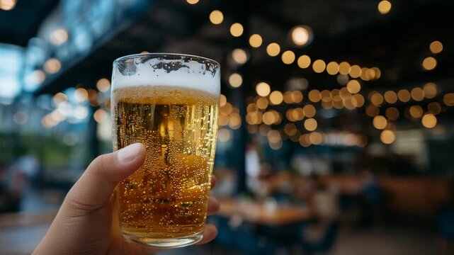 303Macro shot of a hand holding a glass of golden beer, condensation beads on glass, frothy top prominent, soft-focus bar interior with glowing lights behind, cozy and inviting drinki